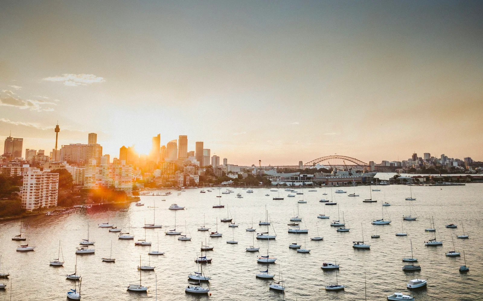 Sydney Harbour at sunset, with moored boats in the foreground and the CBD skyline and Harbour Bridge behind
